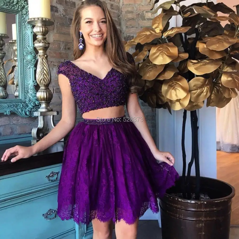 YNQNFS CD31 V Neck Cap Sleeves Crystal Beaded Lace Skirt Mini/Short Purple Two Piece Prom Dresses Party Dress