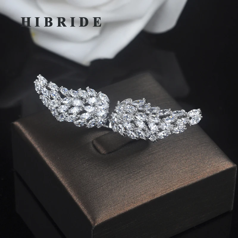 HIBRIDE New Arrival Angel Wings Adjustable Size Open Rings For Women Wedding Cubic Zircon Gold-Color Female Finger Ring R-192