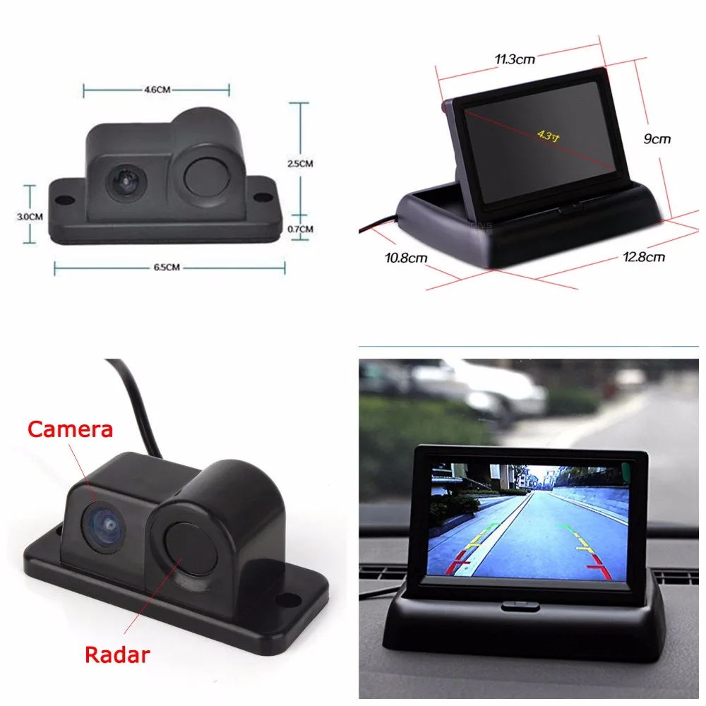 

ANSHILONG Car Reverse Parking Camera With Radar Sensor + 4.3" Foldable LCD Rear View Monitor 3 in 1