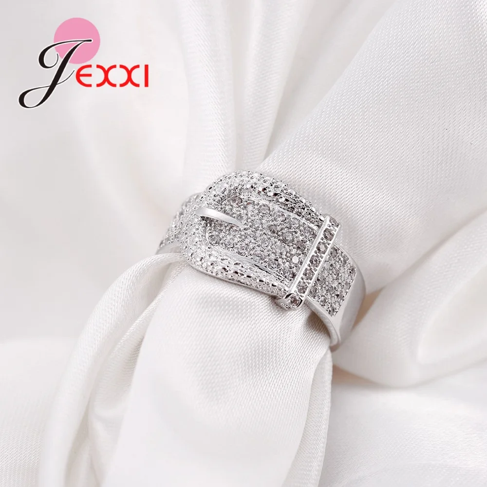 Unique Belt Shape Design Micro Pave Rhinestones Wide 925 Sterling Silver Band Rings For Women Wedding Anniversary