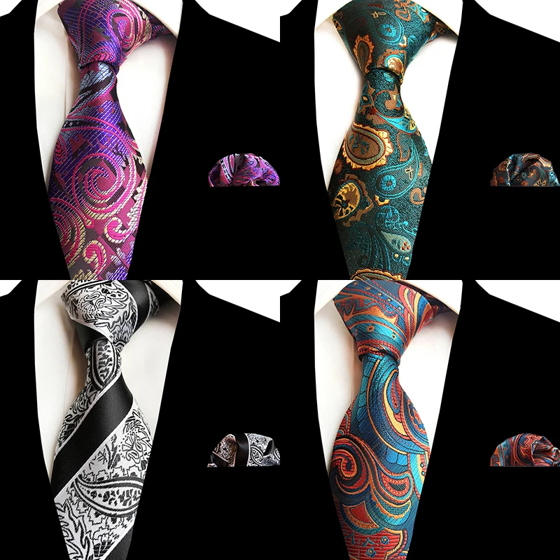 

RBOCOTT Men's Tie Set Purple Yellow Paisley Striped Silk Neck Ties Handkerchief Set 8cm Necktie Pocket Square For Men Wedding