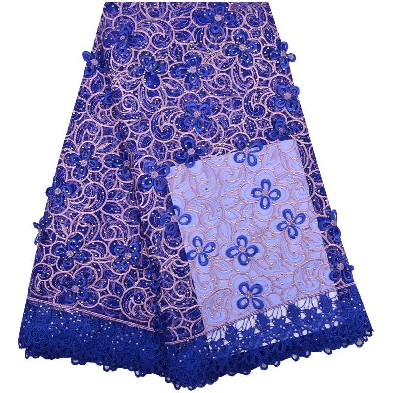 

Evening Dress Material Nigerian Lace Fabrics Blue French Net Lace 3D Flower Fabric With Beads High Quality 5yard/lot 1291