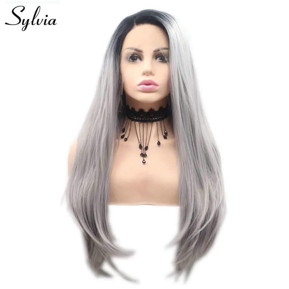 

Sylvia Ombre Grey Natural Straight Hair Synthetic Lace Front Wig Dark Root Glueless Wig For Women Heat Resistant Half Hand Tide