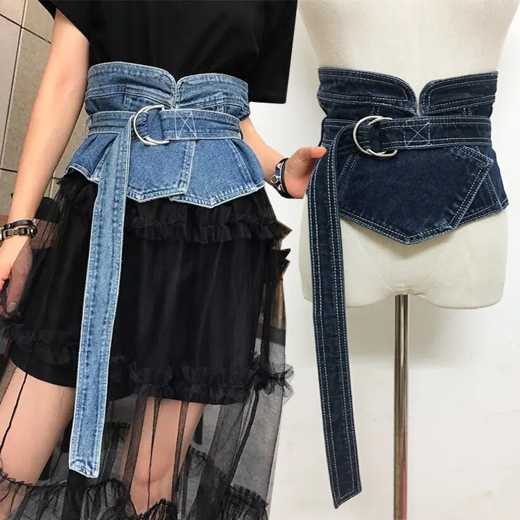 Korean Denim Jean Fabric Waist Belt For Women Wide Corset Belt Retro Design Front Tie up Waist Belt Girl Costume Dress Belts New