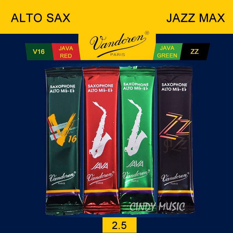 Original Vandoren SRMIXA3 Alto Sax Jazz Reed Mix Card includes 1 each ZZ, V16, JAVA Green and JAVA Red Strength 2.5