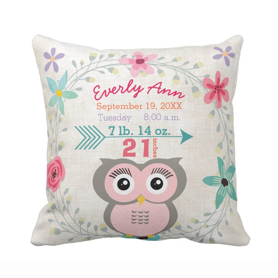 

Custom Birth Stats Baby Girl Forest Creature Pink Owl Cotton Canvas Throw Pillow Cover Decorative Cushion Cover for Sofa Seat