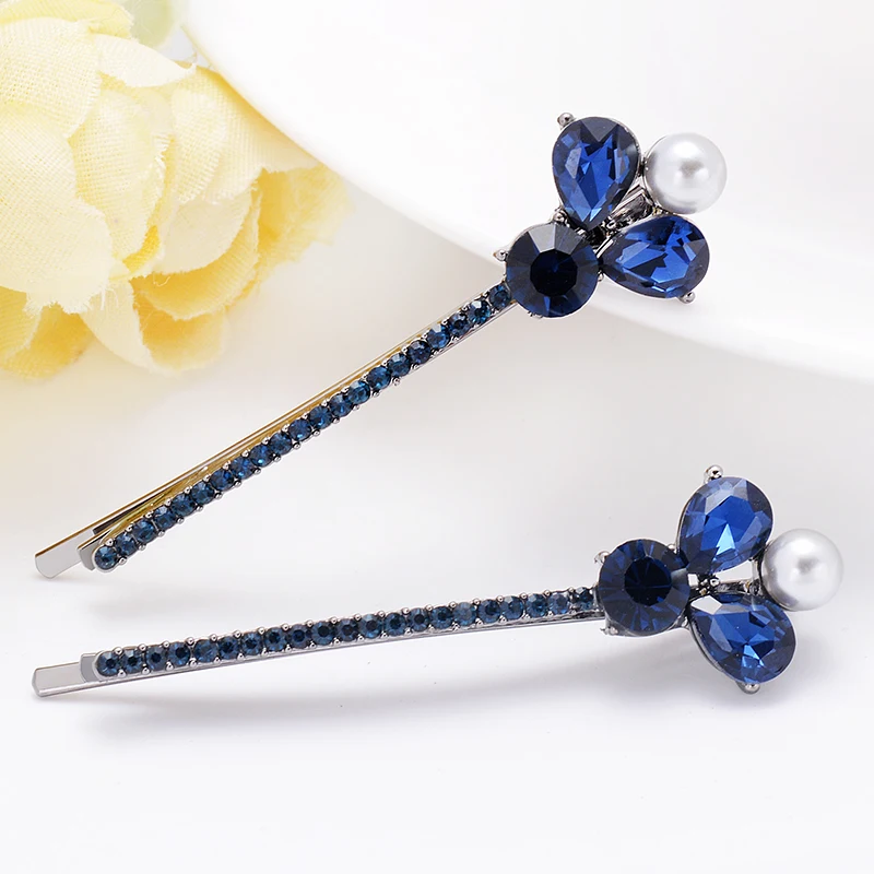 EASYA Blue Rhinestone Crystal Butterfly Cherry Flower Bowknot Hairpin Clip Fashion Metal Heart Hair Barrettes Hearwear