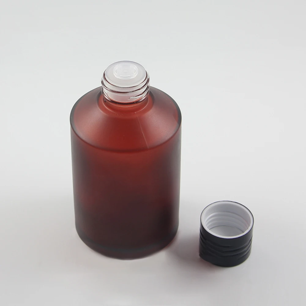 20pcs 200ml round rose red frosted lotion bottle with black screw cap and clear reducer, glass cosmetic packing for liquid cream