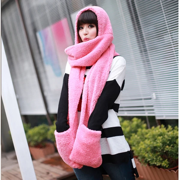 2024 nova moda inverno quente feminino luvas com capuz bolso earflap chapéu longo cachecol xale snood envolve conjuntos de cachecóis de inverno para mulher