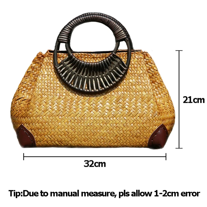 Women Straw Bags Female Bamboo Summer Beach Weave Handbag Lady Handmade Vintage Wood Handle Bag Travel Knitted Totes Bags