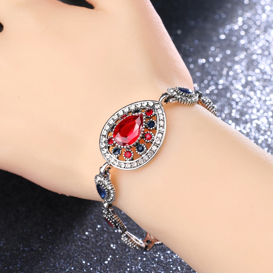 Luxury Indian Jewelry Silver Color Red Crystal Bracelets For Women Vintage Look Hollow Out Water Drop White Crystal Party Gift