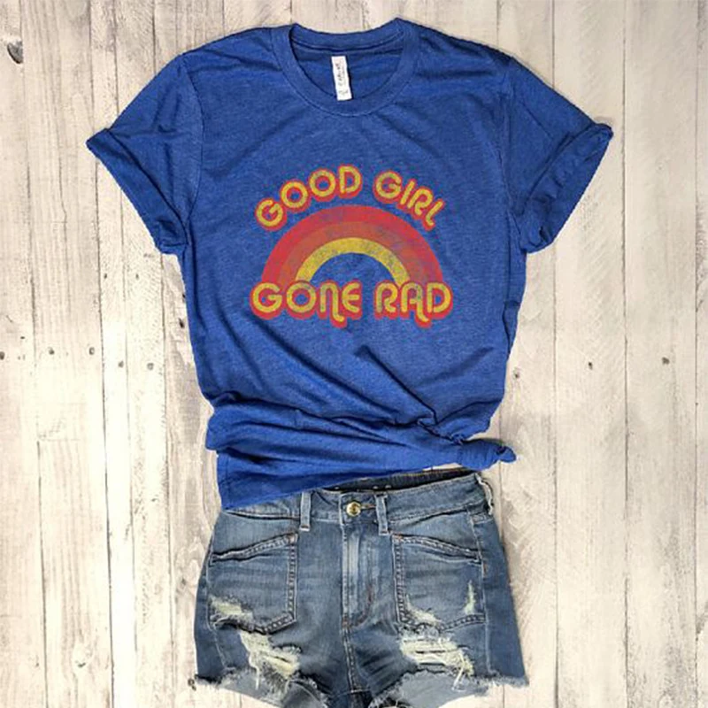 women tops hot 2019 fashion summer female tshirt letter printed tee good girl printing rainbow  t-shrits korean harajuku