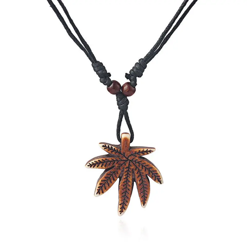 1pcs Resin White Brown Rasta Style Pot Leaf Weed Leaf Necklace Black Wax Cotton Cord Adjustable Jewelry