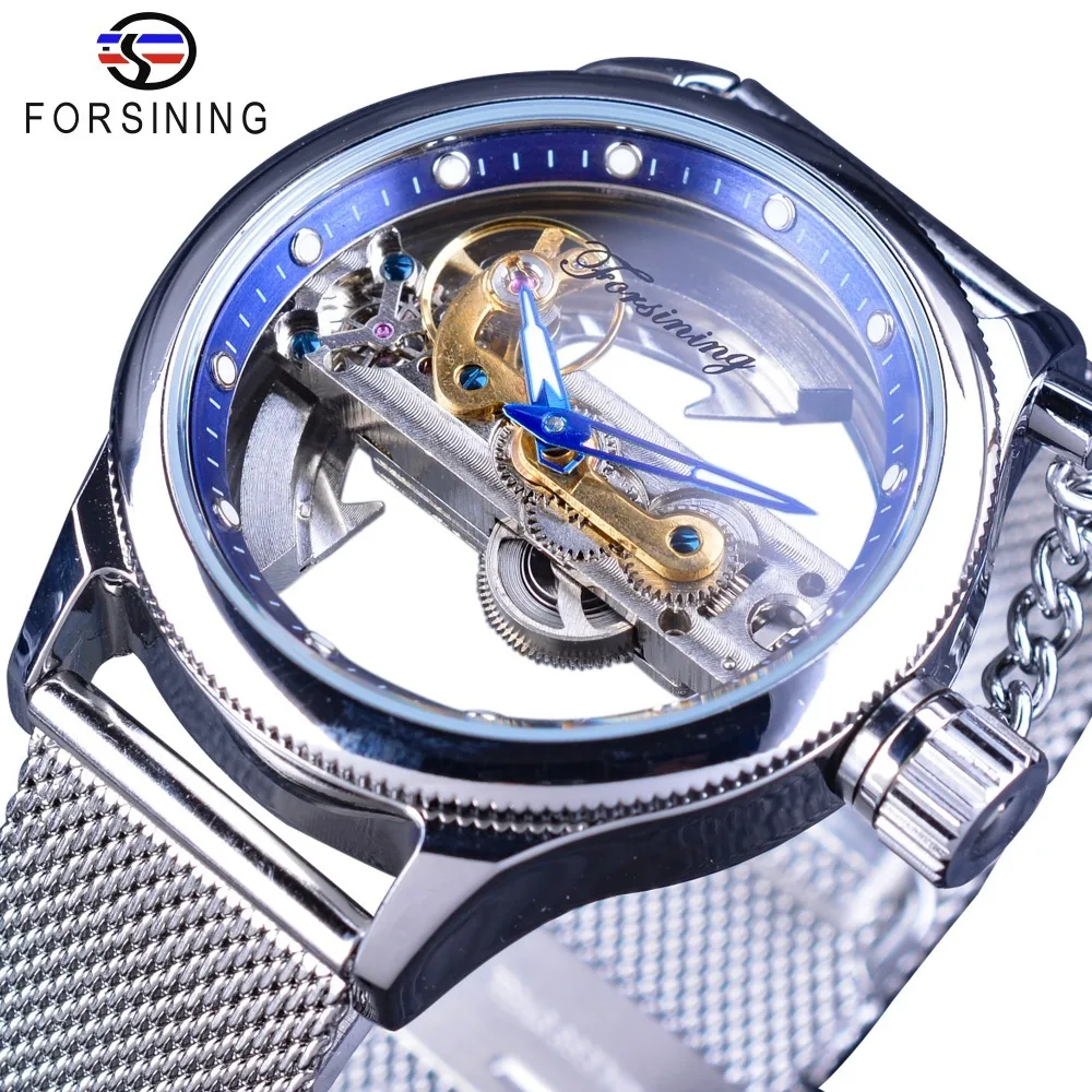 Forsining-Reloj de pulsera de malla con diseño de manzana, accesorio de pulsera de doble cara con diseño misterioso de Océano Azul, transparente y