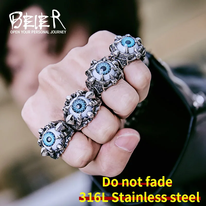 BEIER Wholesale New Fashion Cool Warrior helmet Claw Vivid Eyeball Rings with skull For Man Punk Biker Viking jewelry BR8-203