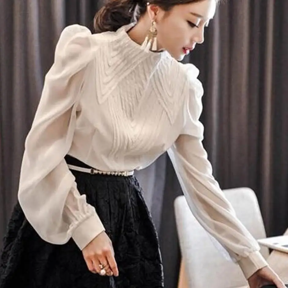 New 2023 spring autumn Women puff Sleeve Stand Collar Chiffon Blouses office Ladies tops shirt