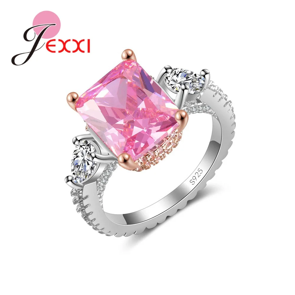 Gorgeous Purity Style Wedding Engagement Fingers Rings For Women Bridal Big Square Pink Austrian Crystal Noble Symbol