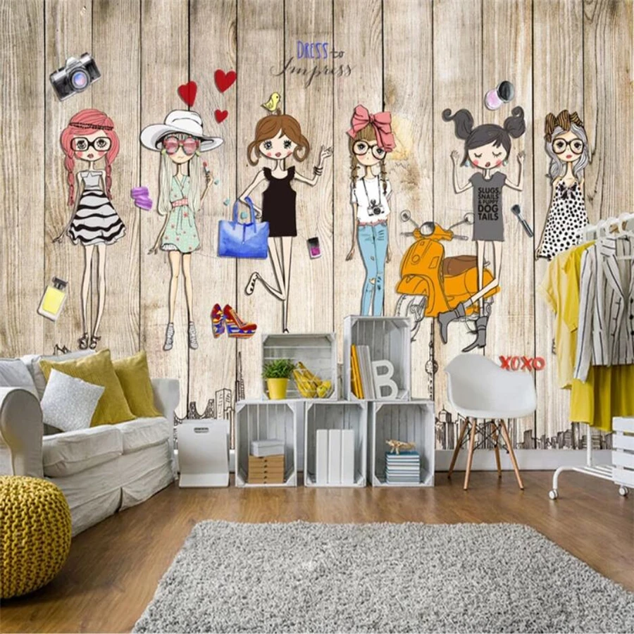 

Custom wallpaper 3d mural hand-painted wooden board stereo fashion girl background figure clothing store wallpaper papier peint