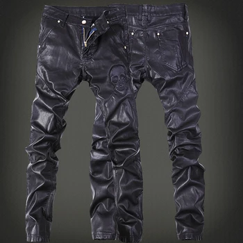 Fashion Brand Embroidered Leather Pants Men's Trousers DJ Club Leather Pants Jogging Cycling Locomotive Men Zipper Leather Pants