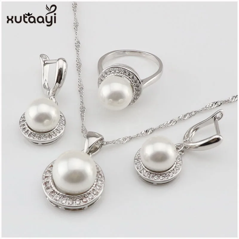 XUTAAYI White Simulated-Pearl White CZ  Sterling Silver Jewelry Sets For Women Necklace Pendant Drop Earrings Rings Gift box