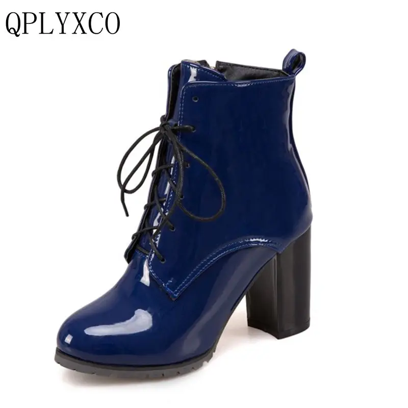 QPLYXCO Sale New Super Big Small Size 31-50 Winter warm ankle Boots Patent Leather shoes Women short Boots Lace up pumps T3-1