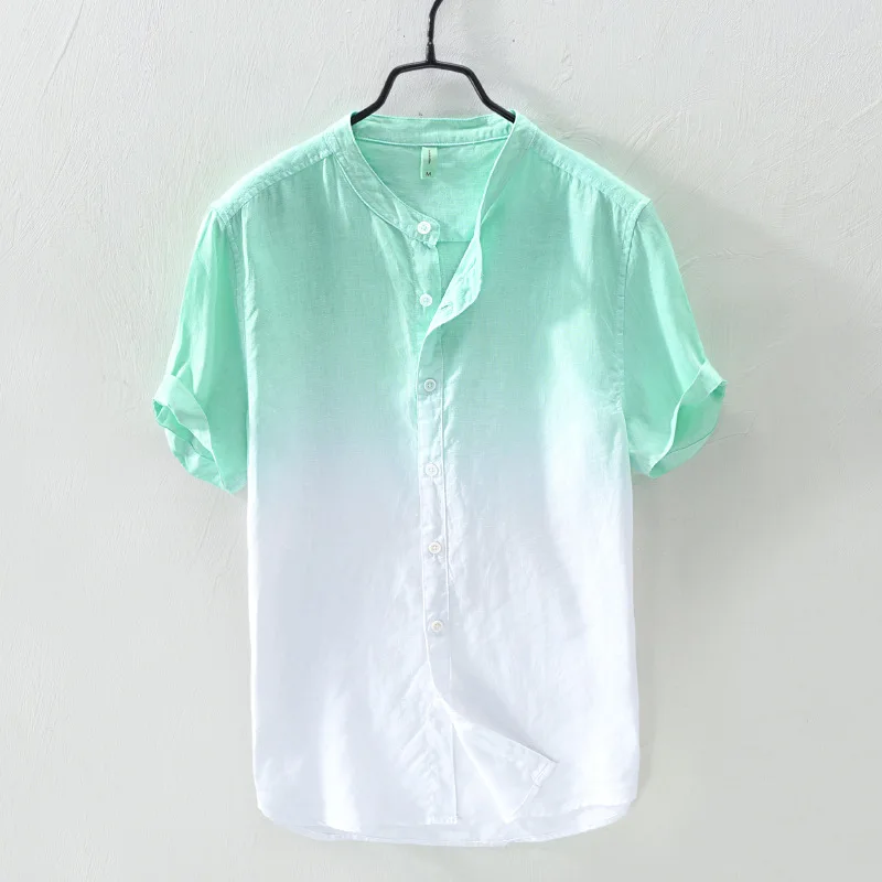 

Mens 100% Linen Shirts Gradient Color Short Sleeve Casual Shirts Mandarin Collar Men Summer Slim fit Flax Shirts Male TS-412