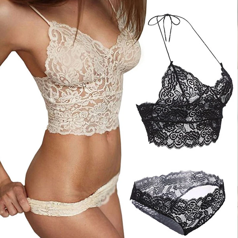 2018 Women Sexy Lingerie Bralette Set Women Sexy Corset Hollow Lace See-through Underwear Cami Lingerie Bra Set Sex Clothes