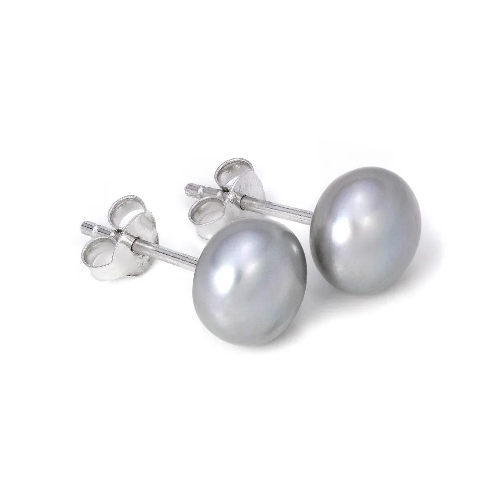 hot 925 Sterling Silver 8-8.5mm Real Freshwater Pearl white Grey Black purple Natural stud Earrings for 1 pair