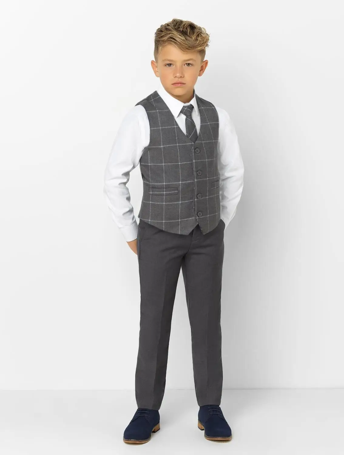 Dark Grey Peaked Lapel Kids Suits Fashion Children Clothing Set Boy's Formal Prom Suits 2019 (Jacket+Pants+Tie+Vest)