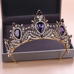 Baroque Vintage Gold Color Purple Crystal Bridal Tiaras Crowns Rhinestone Pageant Diadem Crown Hairband Wedding Hair Accessories