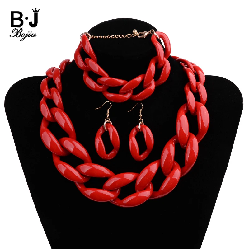 12 Color Fashion Acrylic Statement Jewelry Sets For Women Boho Short Necklace Bracelet Earrings Wedding Party Jewelry Set JLS003