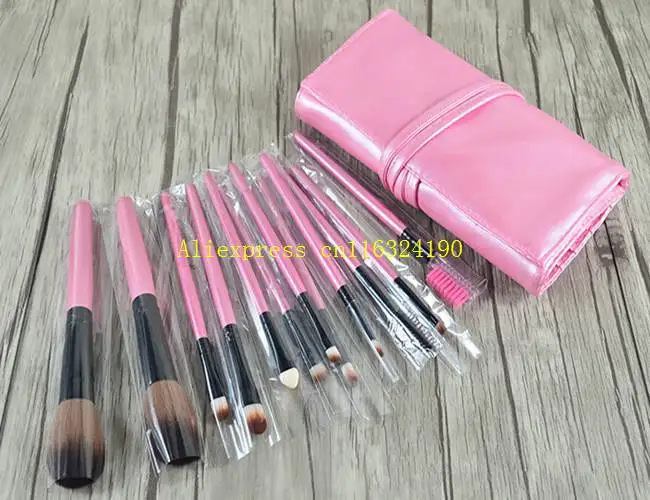 100sets/lot Fast Shipping 12pcs Make Up Brush Set with Leather Pouch Professional Cosmetic Beauty Makeup Brushes & Tools