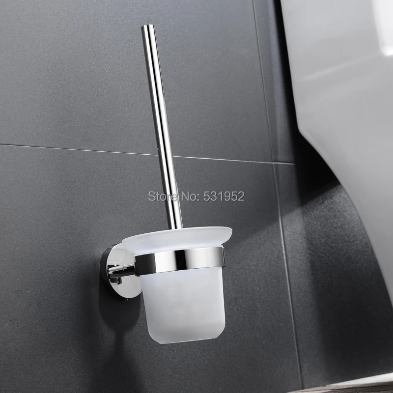 Wall Mounted Stainless Steel Polished Finish Toilet Brush With Toilet Brush Holder Tempered Glass Cup