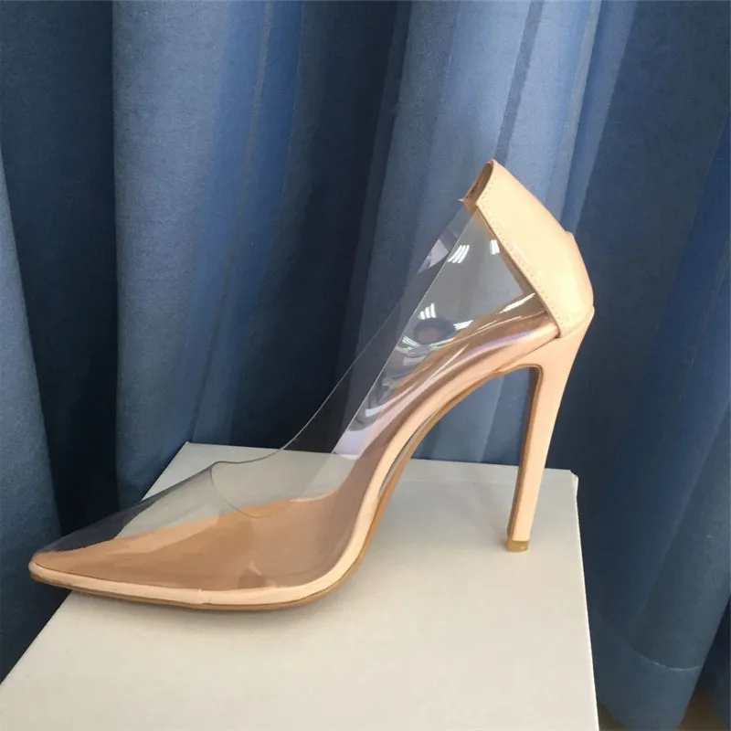 Size 44 Sexy Pvc Clear Women Pumps Pointed Toe Slip On Transparent Bride shoes Women Stiletto High heel Pump 10cm Shoes Woman