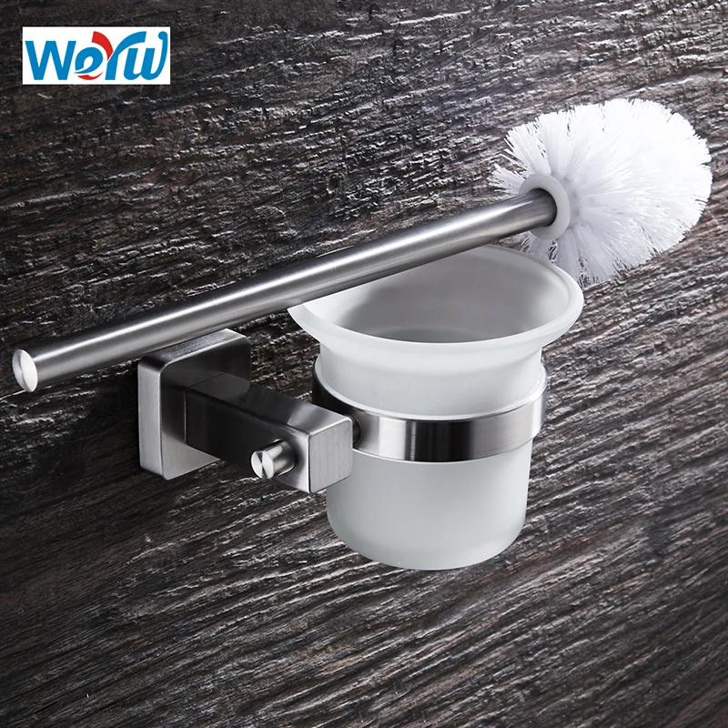 WEYUU Toilet Brush Holders SUS304 Stainless Steel Bath Brush Wall mounted  Bathroom Accessories Glass Cup Wire drawing