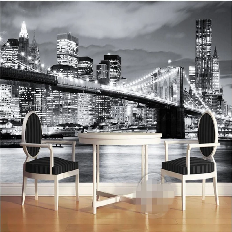 

beibehang 3d Wallpaper Mural Wall Sticker New York Bridge Europe and America City Scenery Black and White Landscape Mural