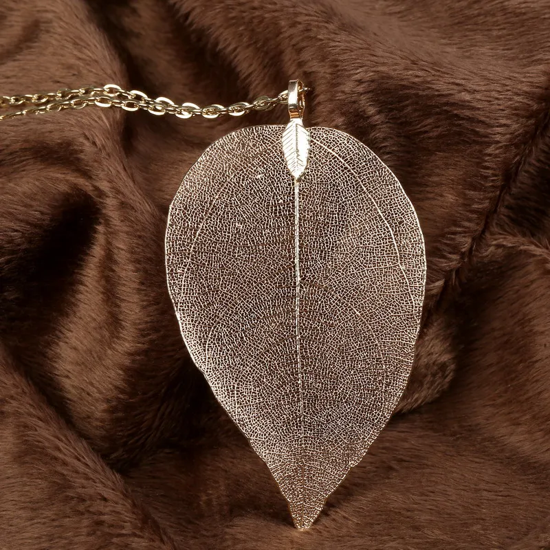 LOVBEAFAS Unique Natural Real Leaf Necklace for Women Filigree Long Statement Vintage Necklace Collier Femme Necklace Jewelry