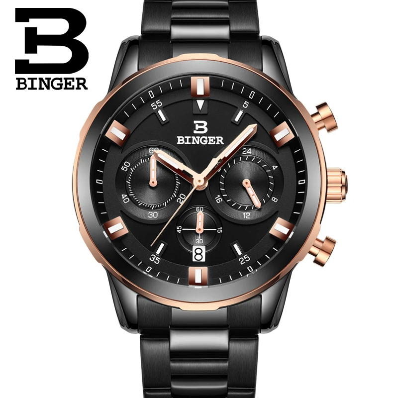 2017 New Watch Chronograph  Men\'s Sport Military Wristwatches BINGER Brand  Stainless Steel Quartz Watches Waterproof B-9011G