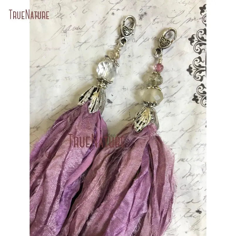 Orchid Purple Sari Silk Tassel Pendant Bohemian Tassels Pendant Antique Silver Color Flower Bead Cap Czech Glass Beads PM14501