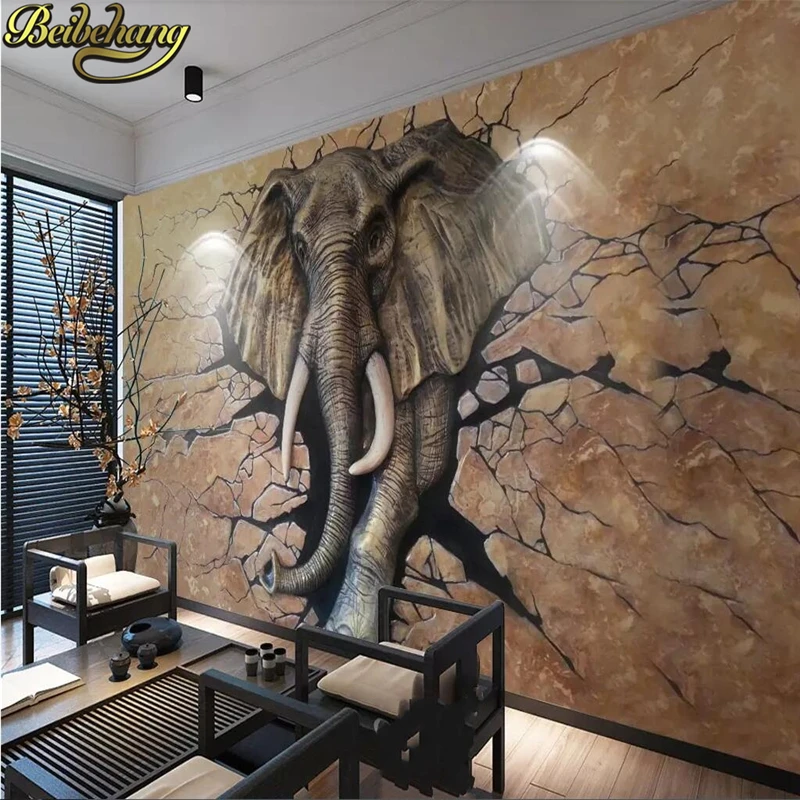 

beibehang Custom wallpaper 3D three-dimensional relief elephant breaking the wall into the tooling wall papel de parede