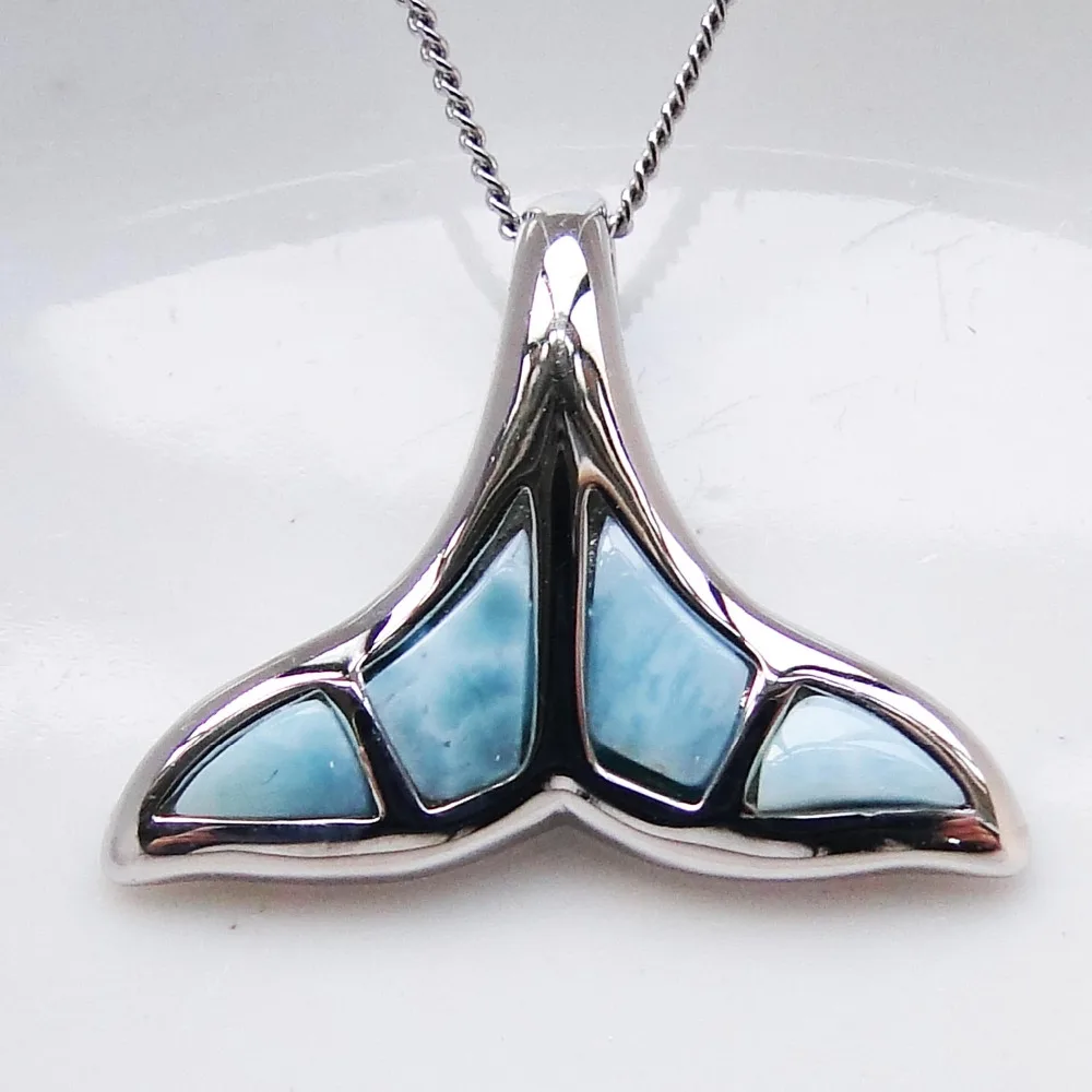 925 Sterling Silver Jewelry Natural Dominica Larimar Pendant Cute Whale Tail Charm Pendant for man and women