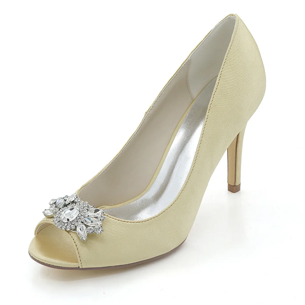 Creativesugar-zapatos de tacón con punta abierta para mujer, calzado de vestir de noche de satén, con broche de cristal de Reina, color dorado, champán, para boda