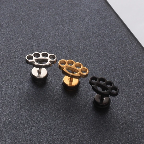 Alisouy 2pcs Black Gold Color Stainless Steel Unique Flower Shaped Men Women Ear Stud Earrings