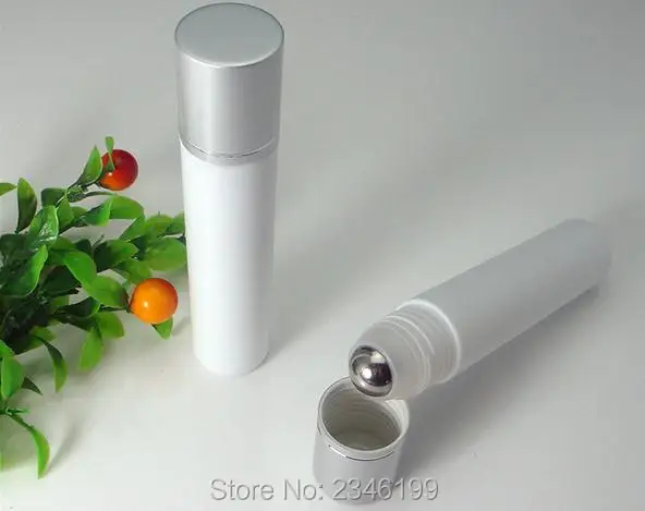 10ML White Plastic Roll on Bottle with Glass Bead Metal Steel Bead, Eye Cream Sample Bottle, Cosmetics Packaging,50 Pieces/Lot