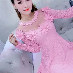 2019 New Spring Summer Women Mesh Dresses Sweet Floral Lace Dress Female High Wais A-Line Dress Long Sleeve Party Vestidos A1336