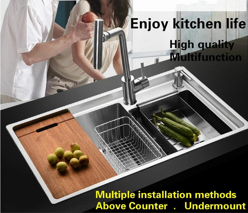 Free shipping Apartment luxury wash vegetables kitchen manual sink double groove durable 304 stainless steel hot sell 780x450 MM