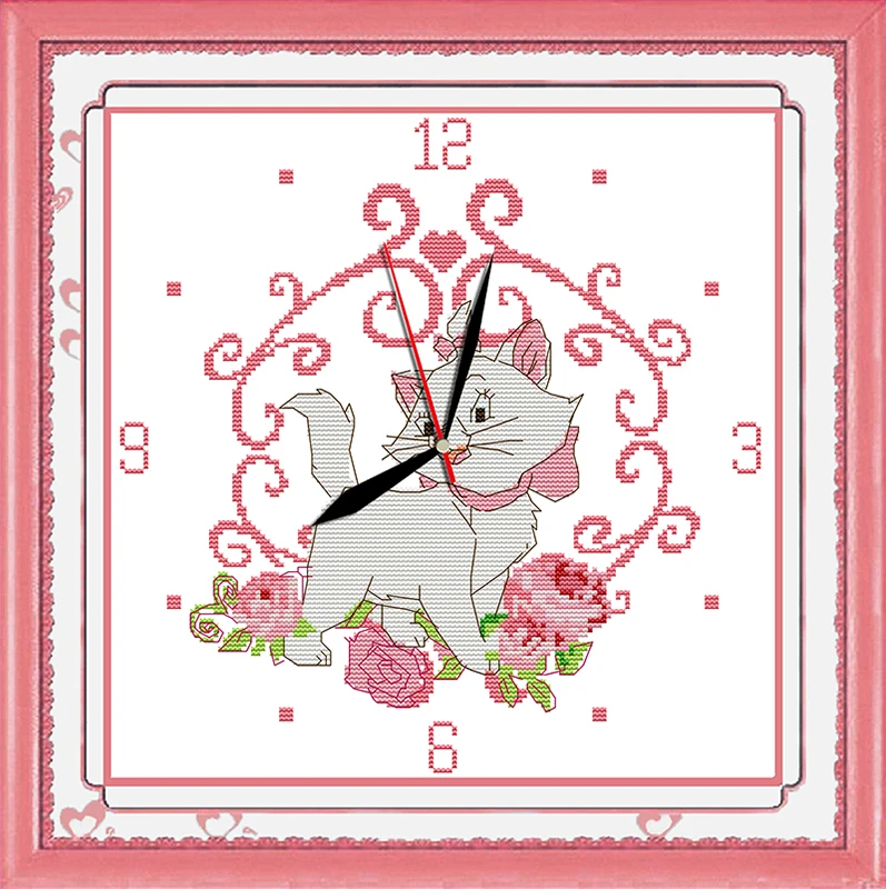 

Pink cat cross stitch kit 14ct 11ct count print canvas wall clock stitching embroidery DIY handmade needlework