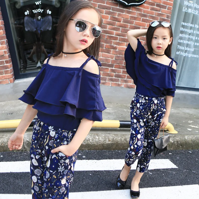 Fashion Summer Girls Clothing Set 2024 Children Off Shoulder Tops Floral Pants 2Pcs Kids Outfits Teen Girl Clothes 5 6 7 8 Years