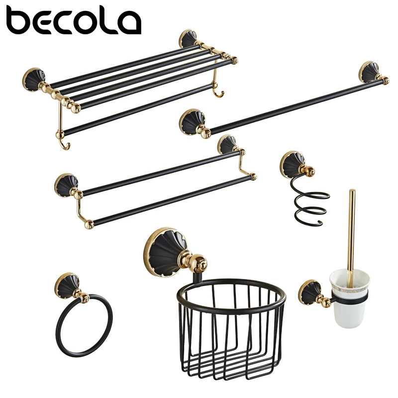 Black Gold Bathroom Accessories Set Wall Mount Toilet Brush Holder Robe Hook Toilet Paper Holder Towel Bar For Bathroom