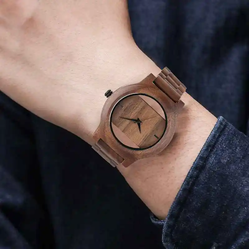 Unique Hollow Dial Men Women Natural Wood Watch with Full Wooden Bamboo Bangle Quartz Wristwatch Novel Handmade Clock Gifts Item